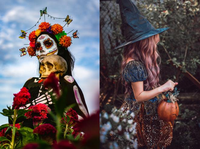 To the left, a woman painted for the day of the dead. To the right, a girl dressed for trick-or-treating on Halloween day.