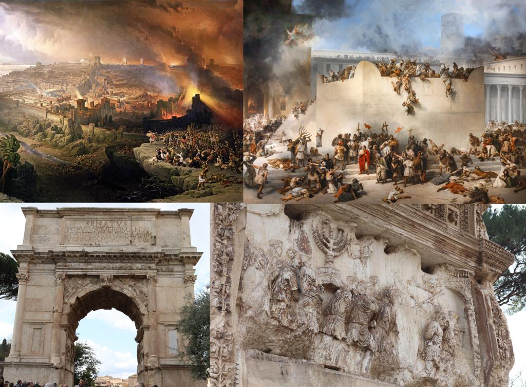 Two pictures and two photos showing the destruction of Jerusalem and Titus’ triumphal arch, respectively.
