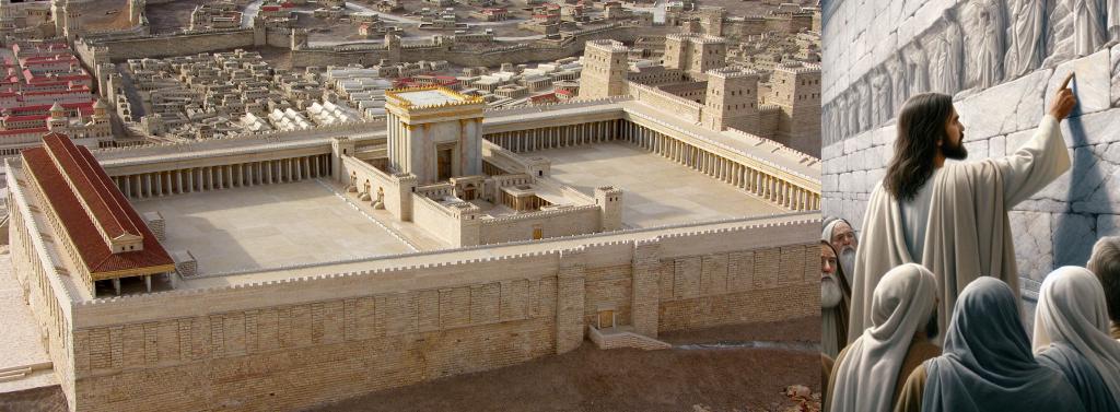 To the left: A miniature version of Herod's Temple in Jerusalem. To the right: An illustration of Jesus pointing to one of the marble stones in the Temple in Jerusalem. His disciples stand around Him, listening carefully.